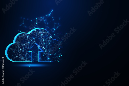 Creative digital polygonal cloud on dark blue background with mock up place. Data, server and storage concept. 3D Rendering.