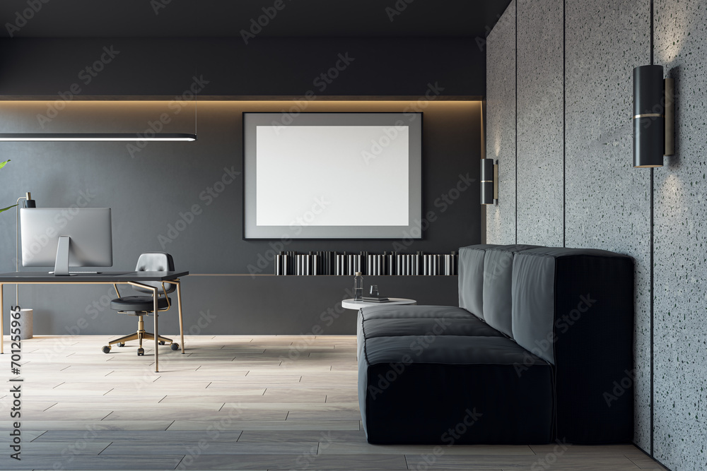 Modern dark office interior with furniture and empty white mock up