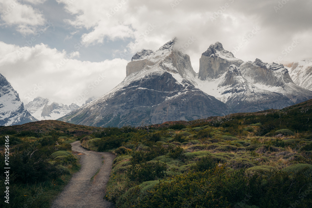 Hiking trail in Torres del Paine National Park in Patagonia, Chile