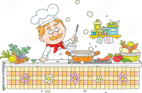 Funny cook with his ladle making an original tasty soup in a pan on a kitchener with fresh vegetables and spices in a cozy kitchen, vector cartoon illustration isolated on a white background