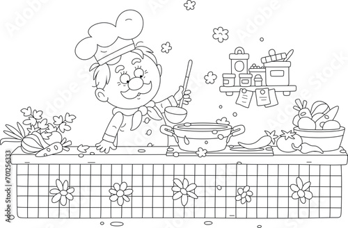 Funny cook with his ladle making an original tasty soup in a pan on a kitchener with fresh vegetables and spices in a cozy kitchen, black and white vector cartoon illustration for a coloring book