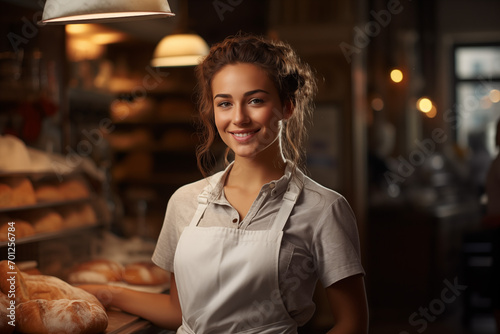  Smiling women baker in a bakery. Bakery profession. Baker at work in a bakery. AI.