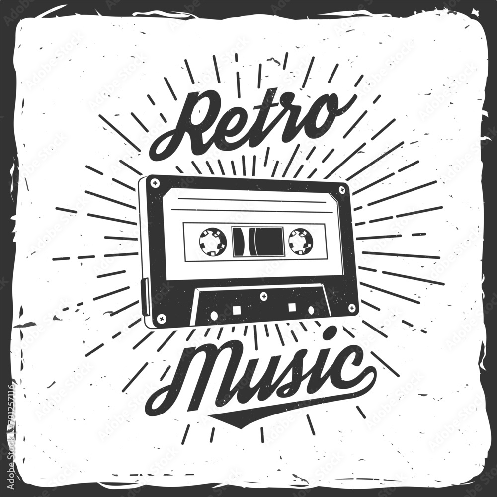 Retro music poster, banner. Retro Audio cassette tape with sunburst vintage typography design for t shirt, emblem, logo, badge design. Vector illustration