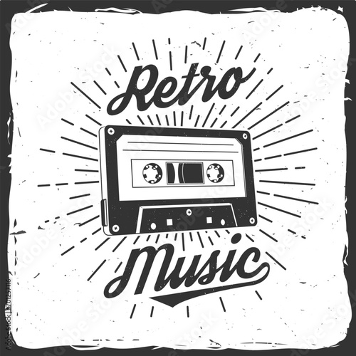 Retro music poster, banner. Retro Audio cassette tape with sunburst vintage typography design for t shirt, emblem, logo, badge design. Vector illustration