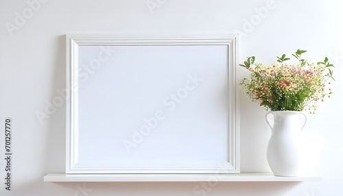 Empty-horizontal-frame-mockup-in-modern-minimalist-interior-with-plant-in-trendy-vase-on-white-wall-background--Template-for-artwork--painting--photo-or-poster © SABBIR RAHMAN