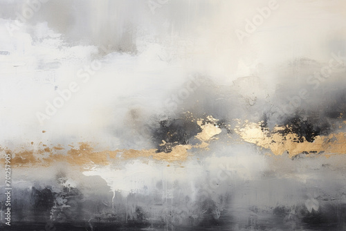 Abstract and minimalist oil painting background with copy space. Black white and golden oil paint smears. Old classic and modern style