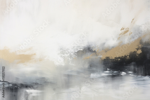 Abstract and minimalist oil painting background with copy space. Black white and golden oil paint smears. Old classic and modern style