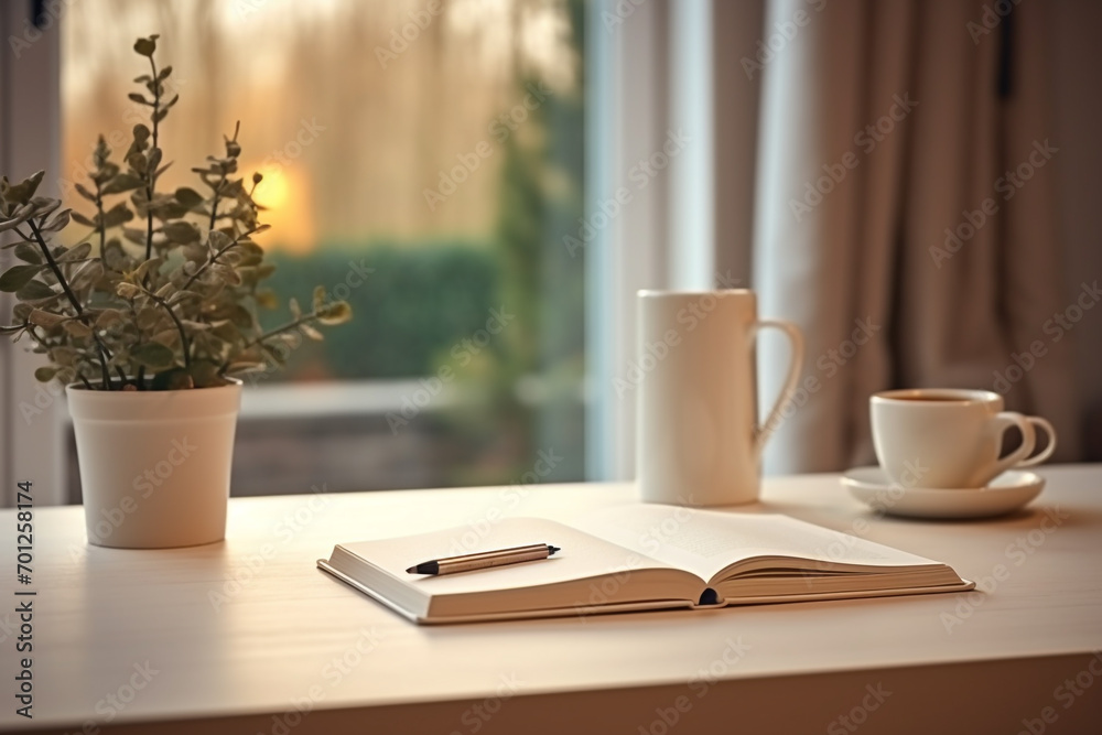 Hobbies and leisure concept. Still life background composition of plant, book, cup of tea or coffee places on table in front of the window. Natural sunlight illuminating composition on desk