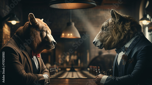 Surreal Animal Headed Business Negotiation, whimsical depiction of a bear and a bull in suits, sitting in a moody bar, engaging in a surreal and tense negotiation