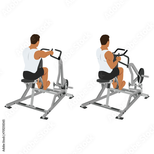 Man doing seated lever machine one arm row exercise. Flat vector illustration isolated on white background