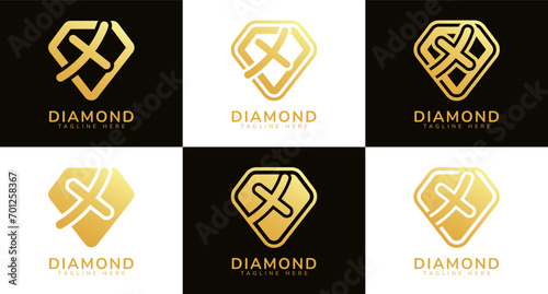 Set of diamond logos with initial letter X. These logos combine letters and rounded diamond shapes using gold gradation colors. Suitable for diamond shops, e-commerce