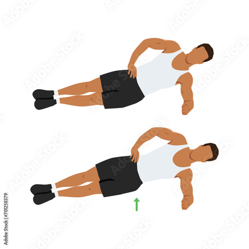 Man doing side plank hip raises exercise. Flat vector illustration isolated on white background