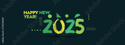 Happy New Year 2025 cover banner. New year 2025 cover in dark green background. 2025 written in paint stroke in yellow green and olive green colour. New year 2025 celebration cover banner template