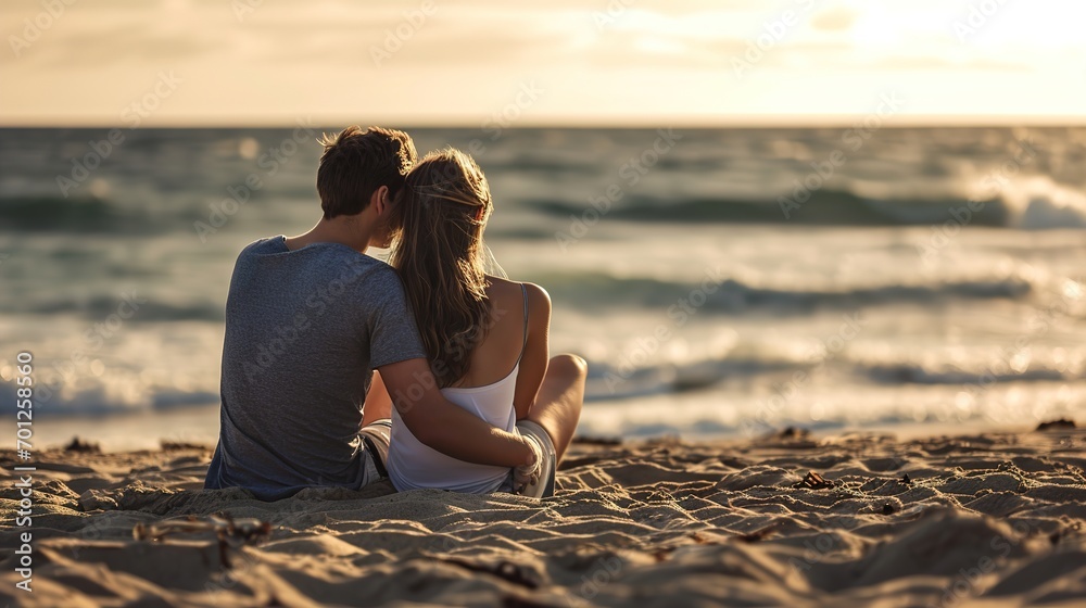 Happy couple in love enjoy summer vacation at beach with copy space. The concept of a romantic relationship. Vacation at sea. Love