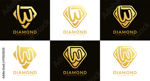 Set of diamond logos with initial letter W. These logos combine letters and rounded diamond shapes using gold gradation colors. Suitable for diamond shops, e-commerce