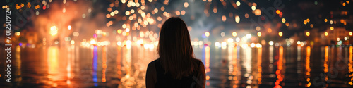 woman watching fireworks over the river photo