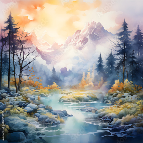 Watercolor illustration of forests and streams. © princess