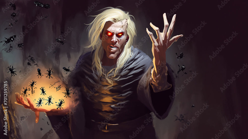 evil sorcerer casting a spell to release the black insects from his ...