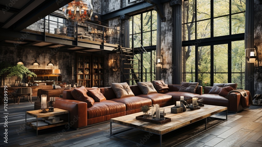 Fototapeta premium Living room interior in loft, industrial style.