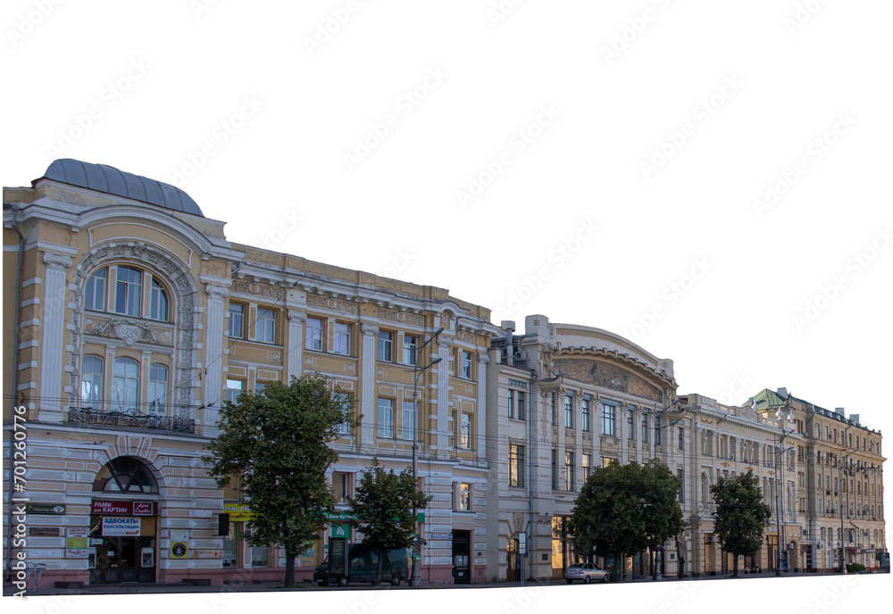 Morning Kharkiv city center buildingsisolated PNG photo with transparent background.