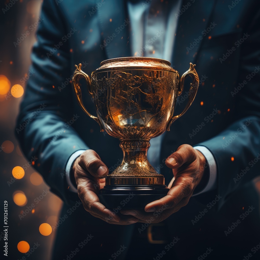 Triumphant businessman cradles a beautiful trophy cup, a symbol of success and achievement, radiating elegance and prestige in the palms of accomplishment.