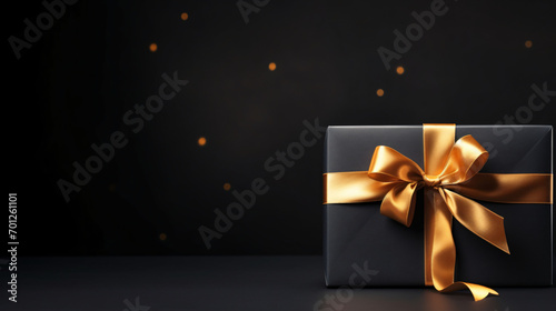 Blurry gold bow on dark black background Horizontal
