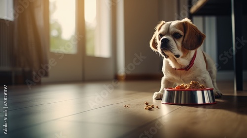 Foto A dog eats dog food from his bowl in a bright kitchen