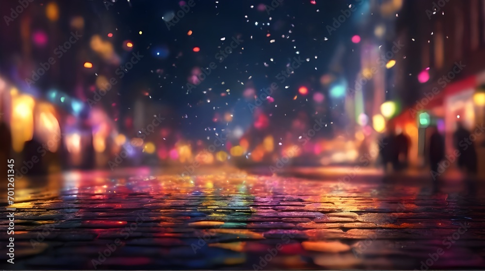 Vibrant city night: multicolor bokeh, rainbow confetti, lively urban ambiance. generative AI