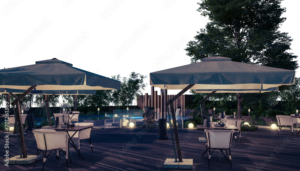 Architectural Visualization of an Exterior Restaurant Inside a Vacation Spot (isolated for dark background) - 3D Visualization