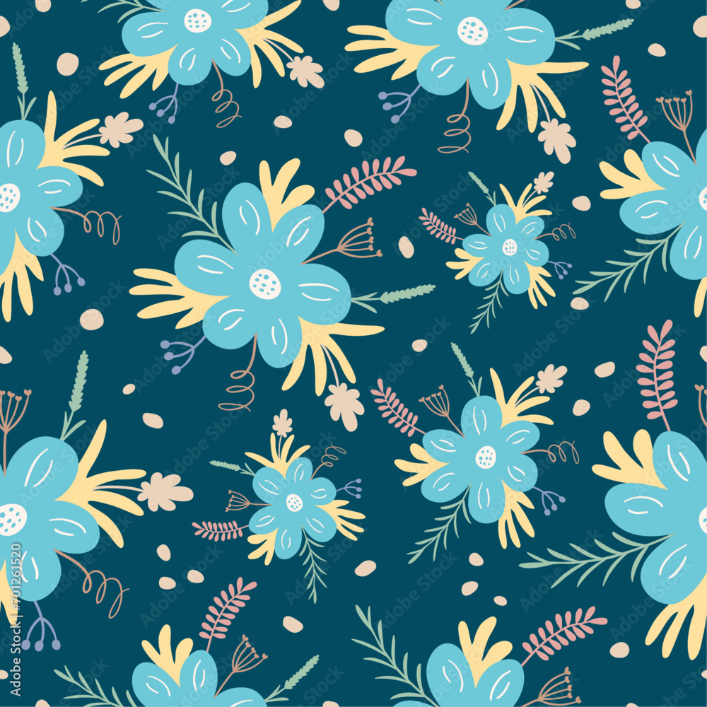 Seamless pattern with hand drawn cute colorful flowers on a  dark background. Doodle, simple illustration. It can be used for decoration of textile, paper and other surfaces.