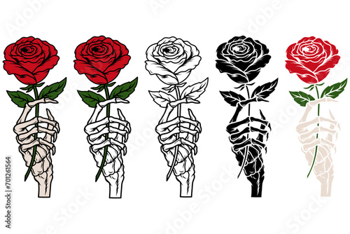 Skeleton Hand with Rose Bundle, Collection of finger bones holding wildflower, Line art, Hands Death T-shirt, Skeleton Holding Rose, Skeleton Rose Clipart, Skeleton Hand vector photo