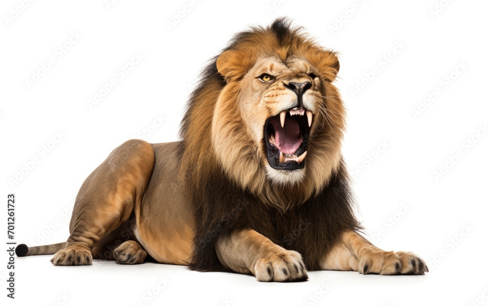 Lion sleep roaring, looking at the camera on isolated a white background.