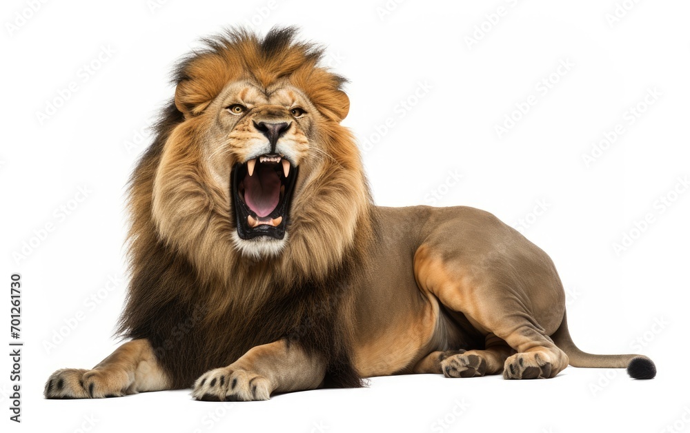 Obraz premium Lion sleep roaring, looking at the camera on isolated a white background.