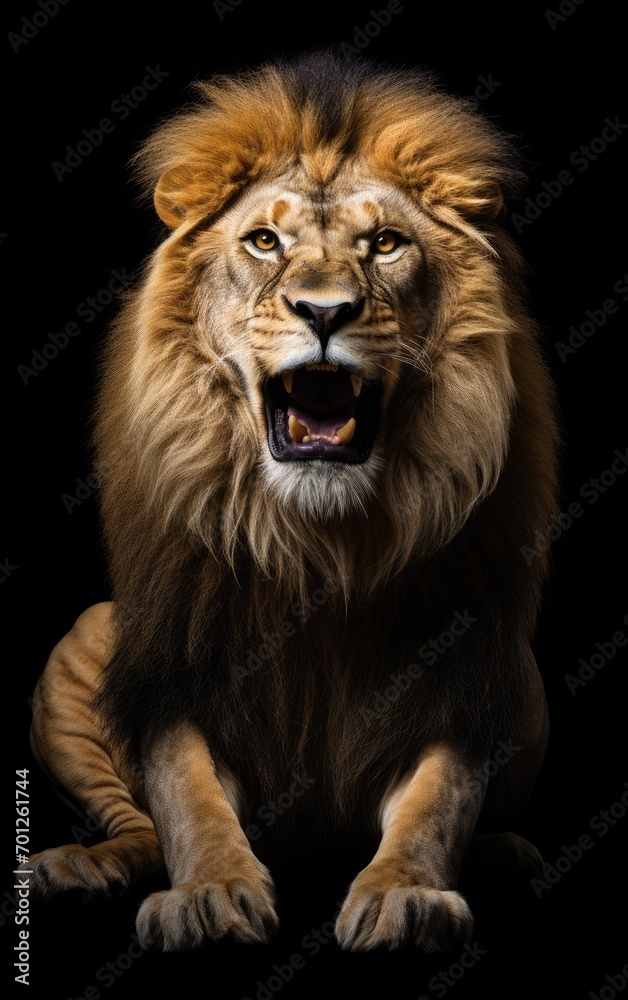 Lion sit roaring, looking at the camera on isolated black background.