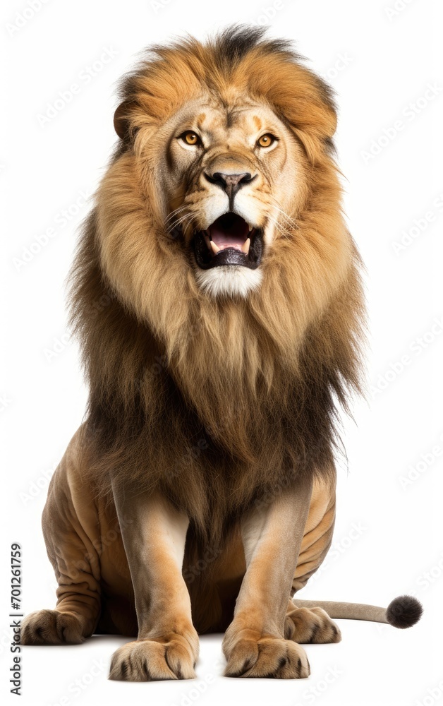 Lion sitting, looking at the camera on isolated a white background.