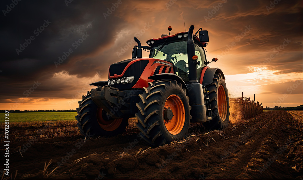 The tractor works the soil in the field with amazing background The tractor works the soil in the field with amazing background