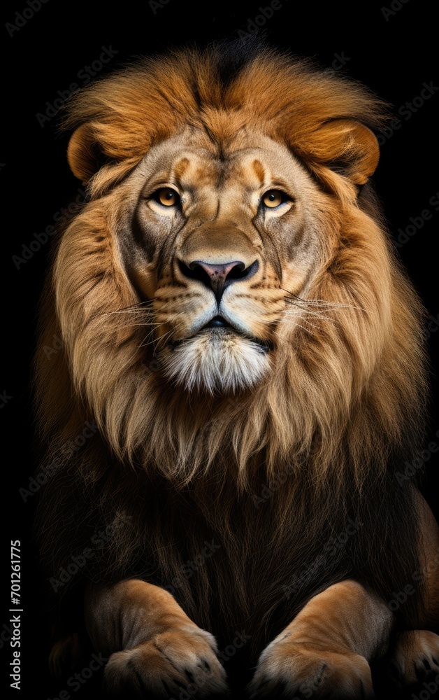 Lion sitting, looking at the camera on isolated a black background.
