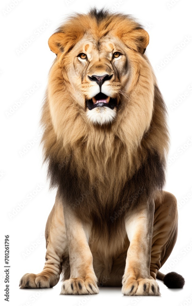 Lion sitting, looking at the camera on isolated a white background.
