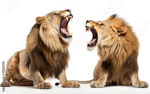 Lion and Lioness roaring at each other isolated on a white background  Close-up
