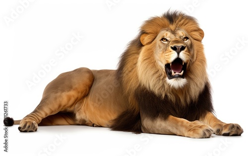 Lion sleep roaring  looking at the camera on isolated a white background.