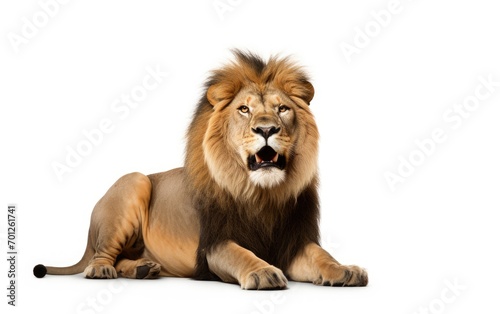 Lion sitting, looking at the camera on isolated a white background. © somkcr