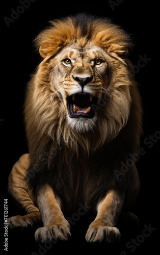 Lion sit roaring, looking at the camera on isolated black background.