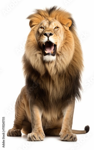 Lion sit roaring  looking at the camera on isolated white background.
