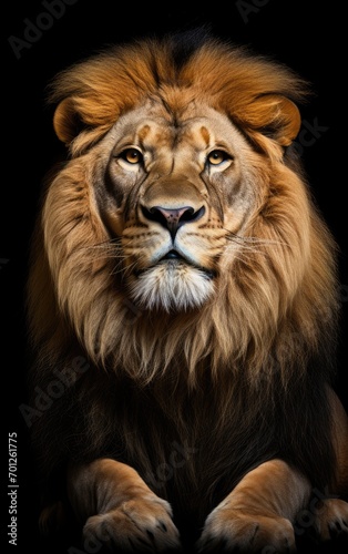 Lion sitting, looking at the camera on isolated a black background. © somkcr