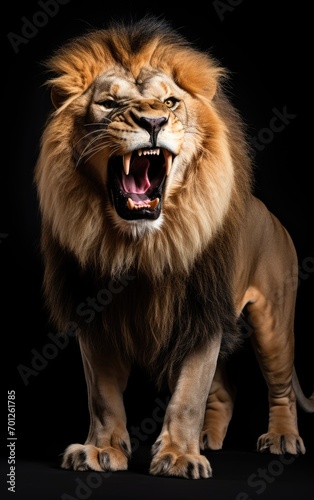 Lion stand roaring, looking at the camera on isolated black background.