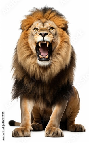 Lion sit roaring, looking at the camera on isolated white background.