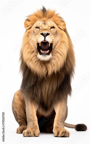 Lion sit roaring  looking at the camera on isolated white background.