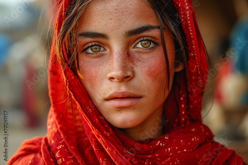 Close up portrait of a 30 years old Afghan woman looking to camera with sad eyes photo