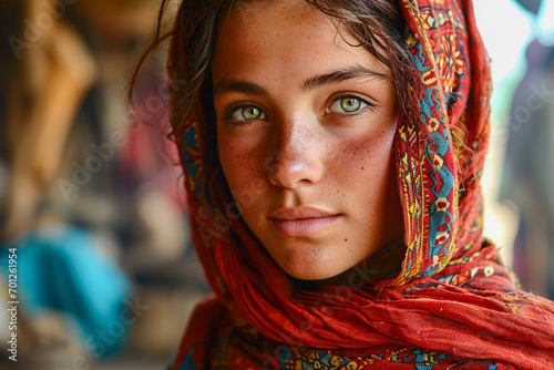 Close up portrait of a 30 years old Afghan woman looking to camera with sad eyes photo