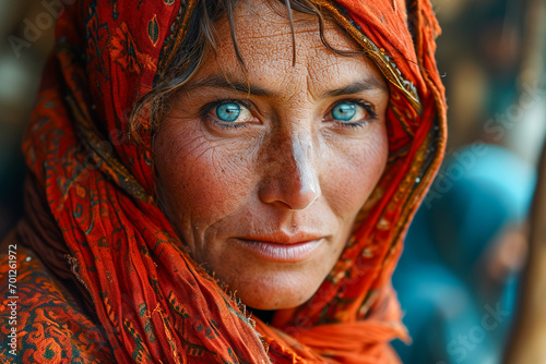 Close up portrait of a 50 years old Afghan woman looking to camera with sad eyes photo